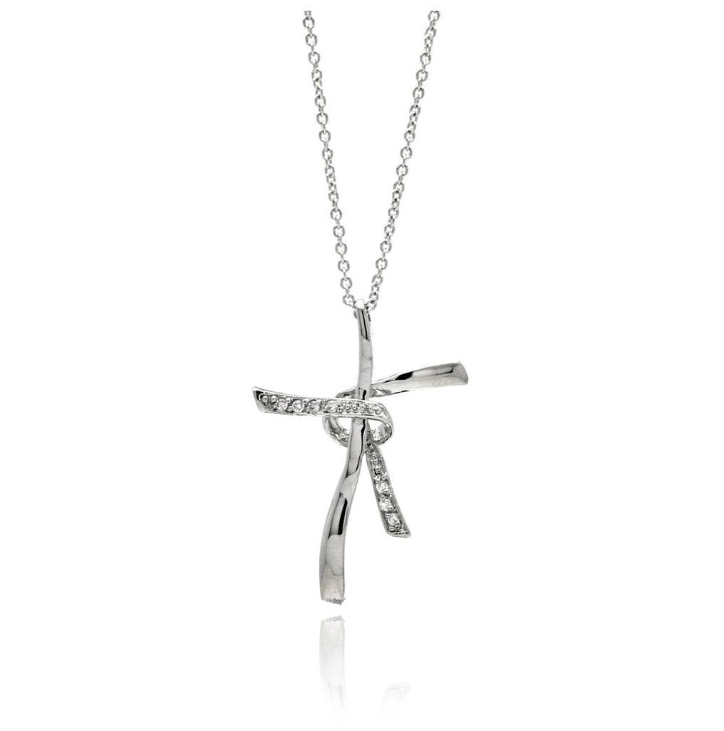 Rhodium Plated Brass Wrap Around Tie Clear Cz Pendant Necklace