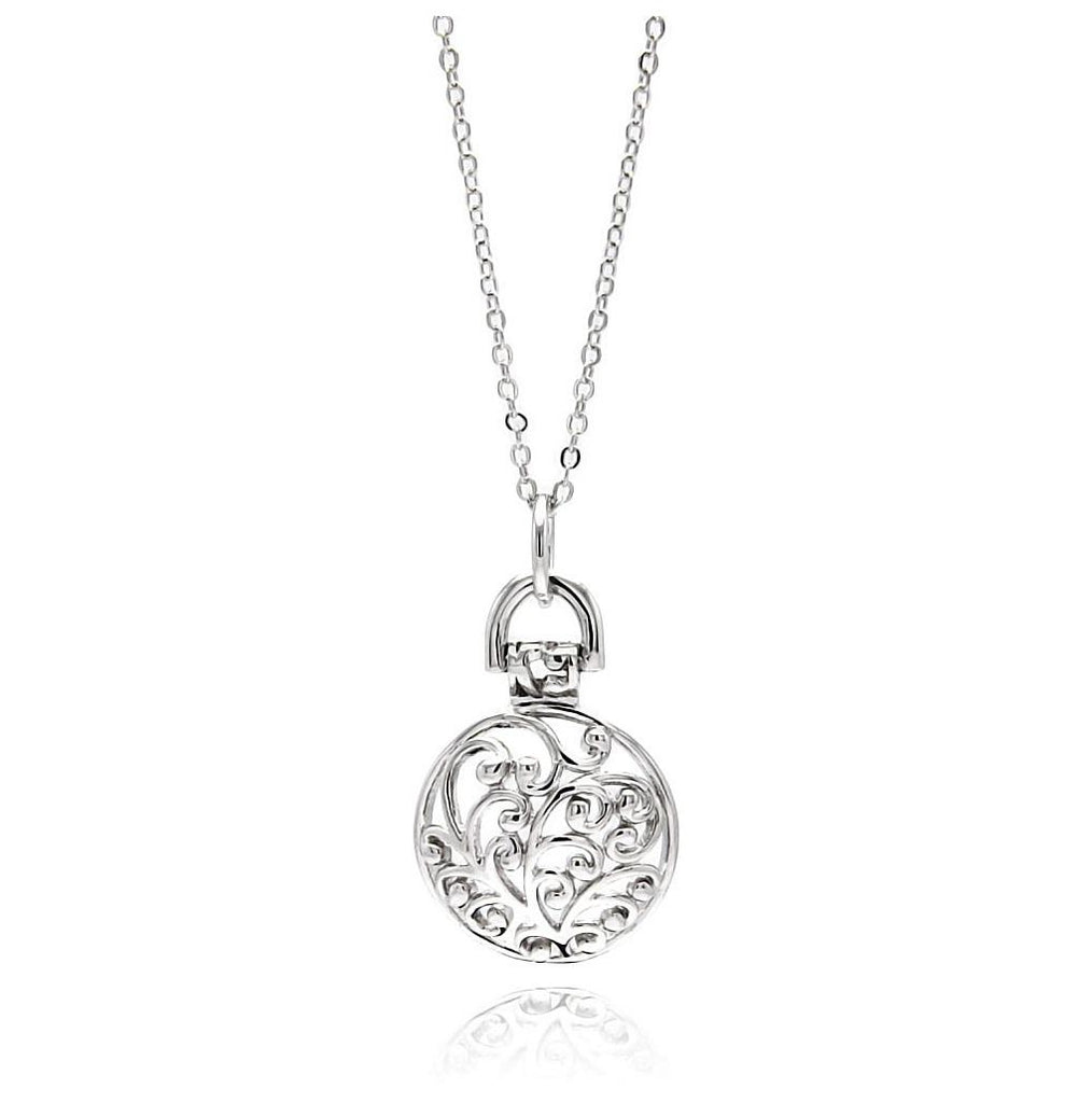 Rhodium Plated Brass Flower Vine Disc Pendant Necklace