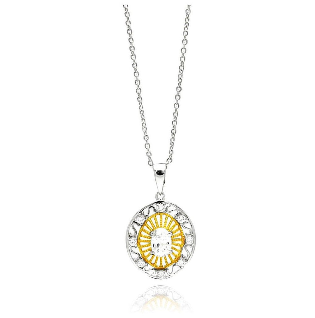 Rhodium & Gold Plated Brass Open Sun Disc Clear Cz Pendant Necklace