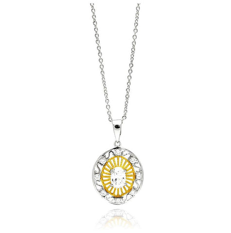 Rhodium & Gold Plated Brass Open Sun Disc Clear Cz Pendant Necklace