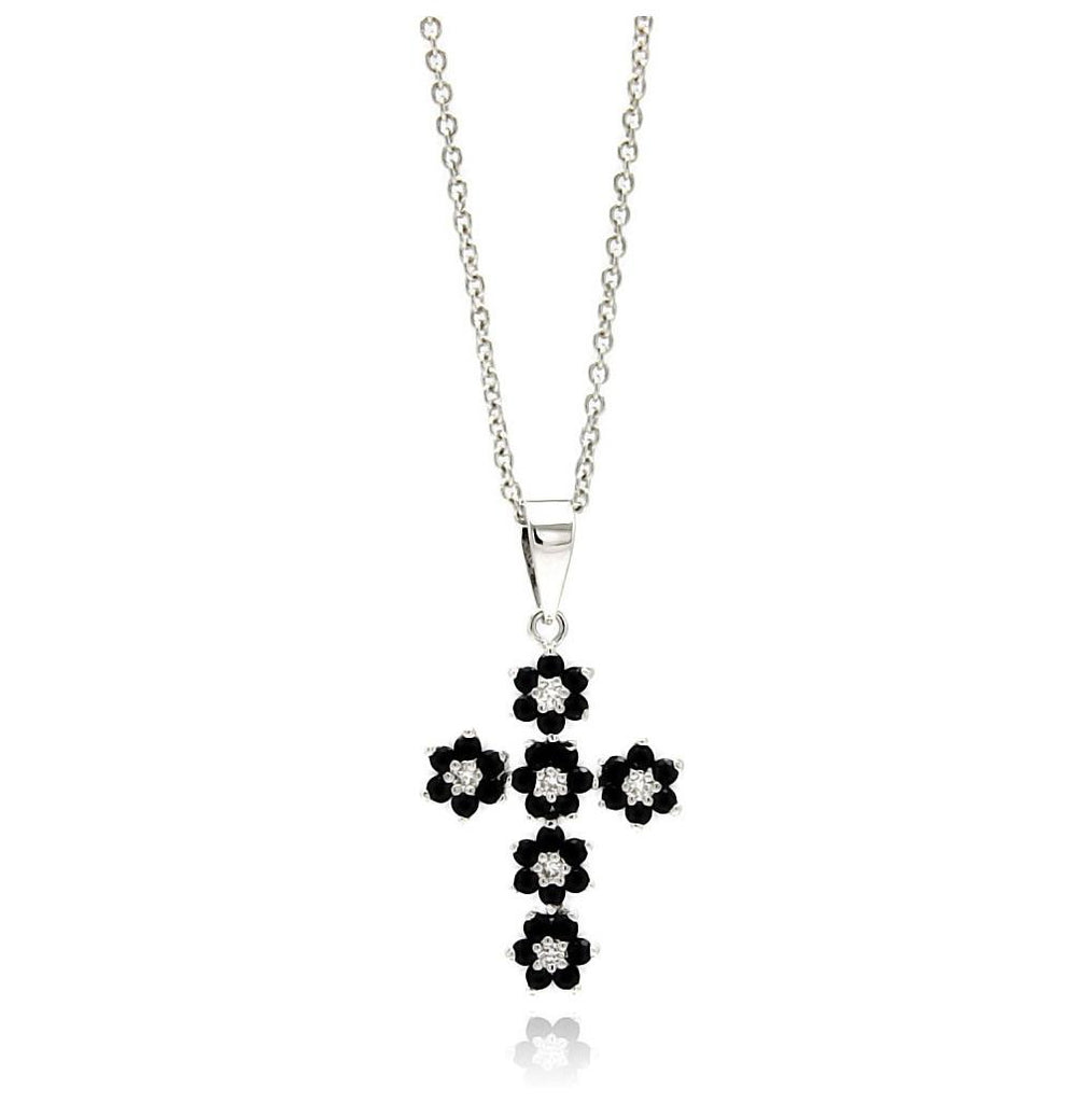 Rhodium Plated Brass Flower Cross Black & Clear Cz Pendant Necklace