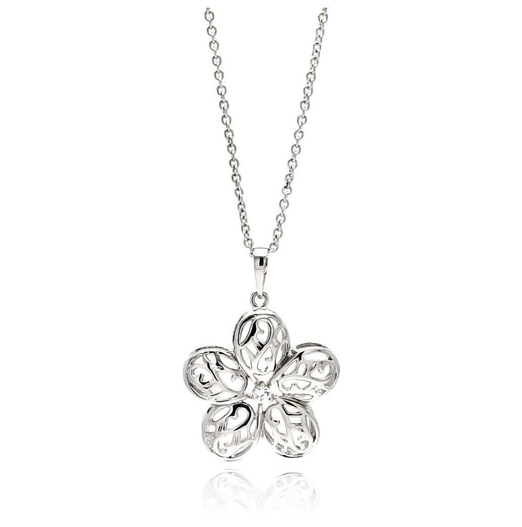 Rhodium Plated Brass Open Patterned Flower Clear Cz Pendant Necklace