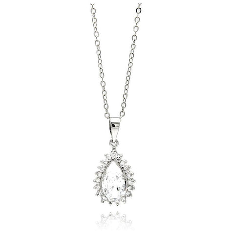 Rhodium Plated Brass Teardrop Clear Cz Pendant Necklace