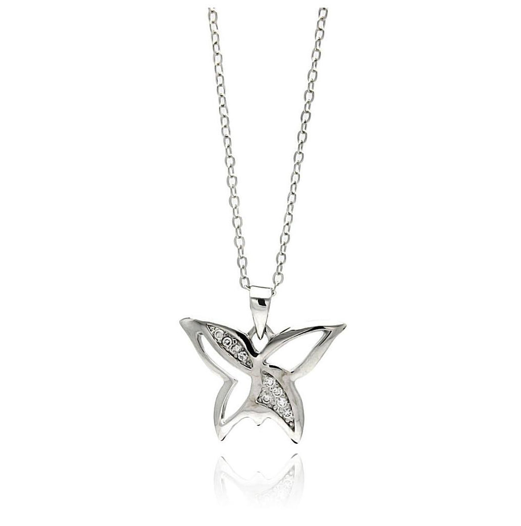 Rhodium Plated Brass Open Butterfly Clear Cz Pendant Necklace