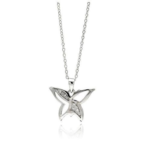 Rhodium Plated Brass Open Butterfly Clear Cz Pendant Necklace