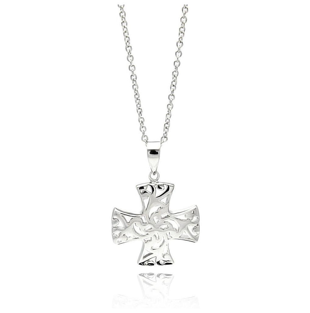 Rhodium Plated Brass High Polish Open Cross Pendant Necklace