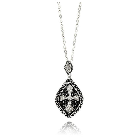 Rhodium & Black Rhodium Plated Brass Cross Marquise Back Clear Cz Pendant Necklace