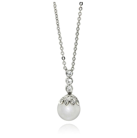 Rhodium Plated Brass Pearl Drop Clear Cz Pendant Necklace