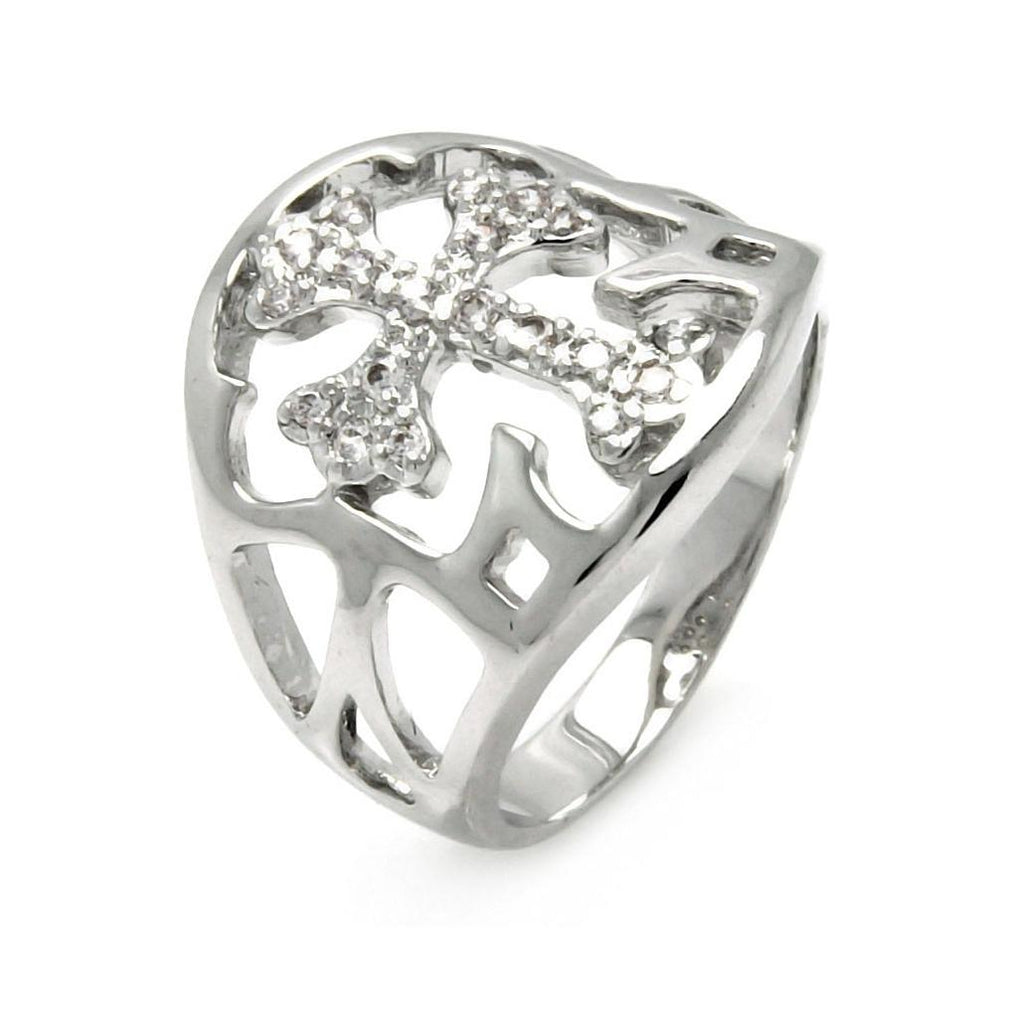 Rhodium Plated Brass Cross Clear Cz Cigar Band Ring, <b>size: 5</b>