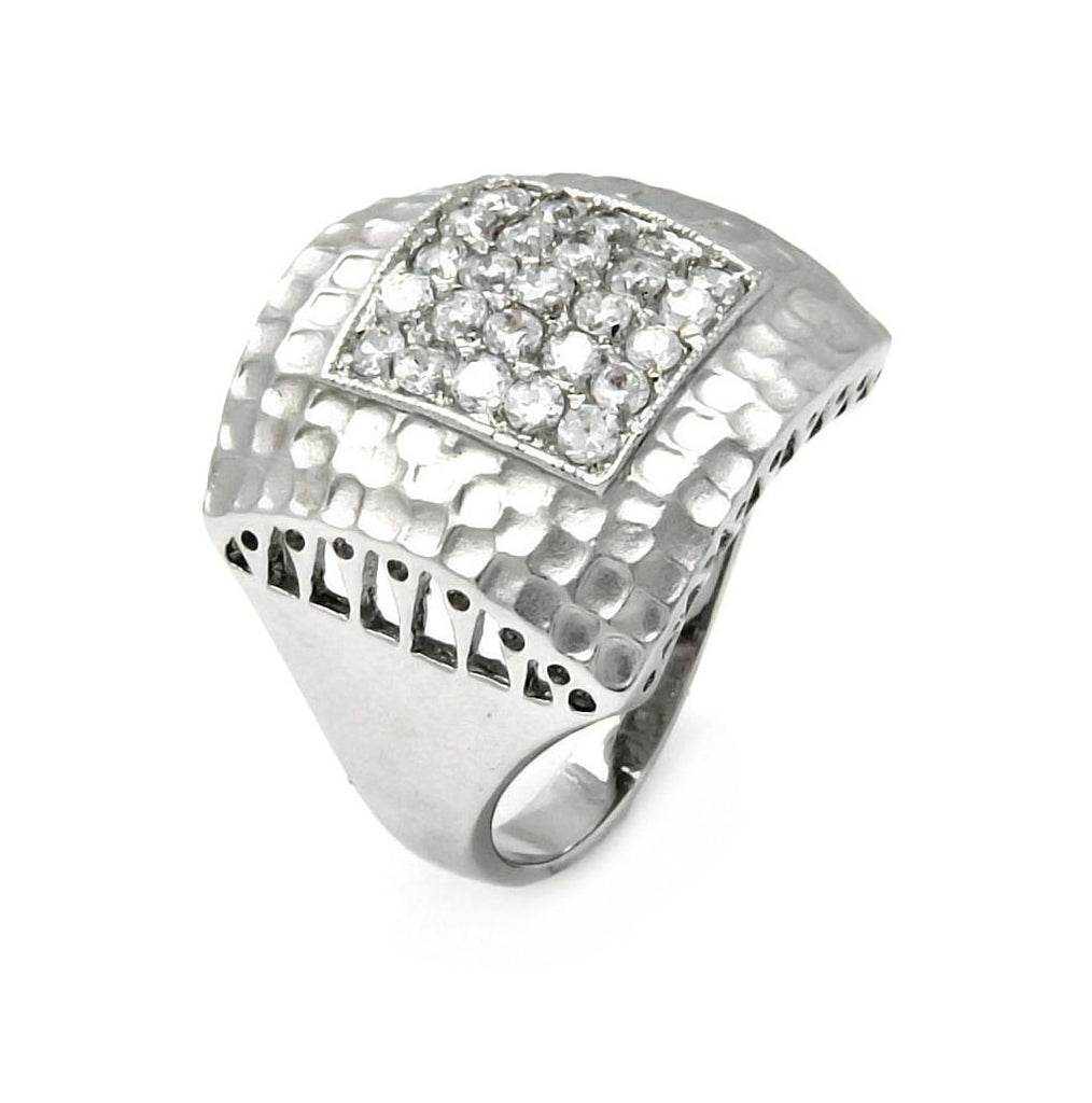 Rhodium Plated Brass Matte Finish Square Textured Clear Cz Dome Ring, <b>size: 5</b>