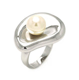 Rhodium Plated Brass Pearl Center Disc Ring, <b>size: 5</b>