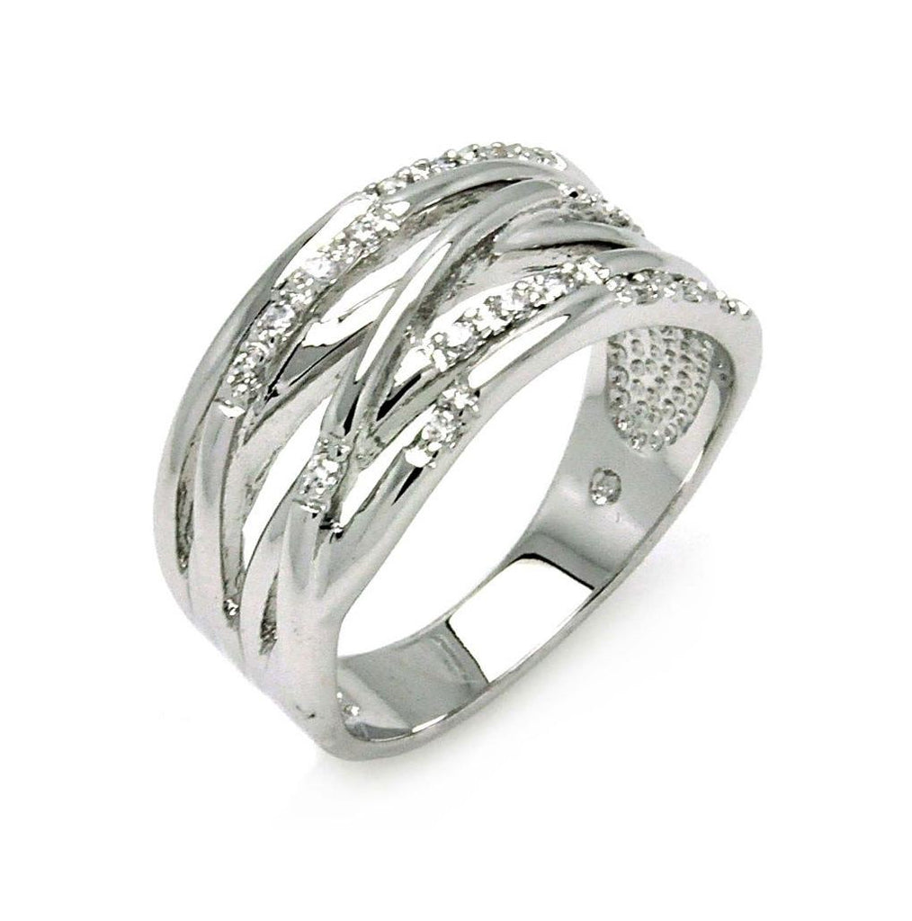 Rhodium Plated Brass Overlapping Row Clear Cz Ring, <b>size: 5</b>