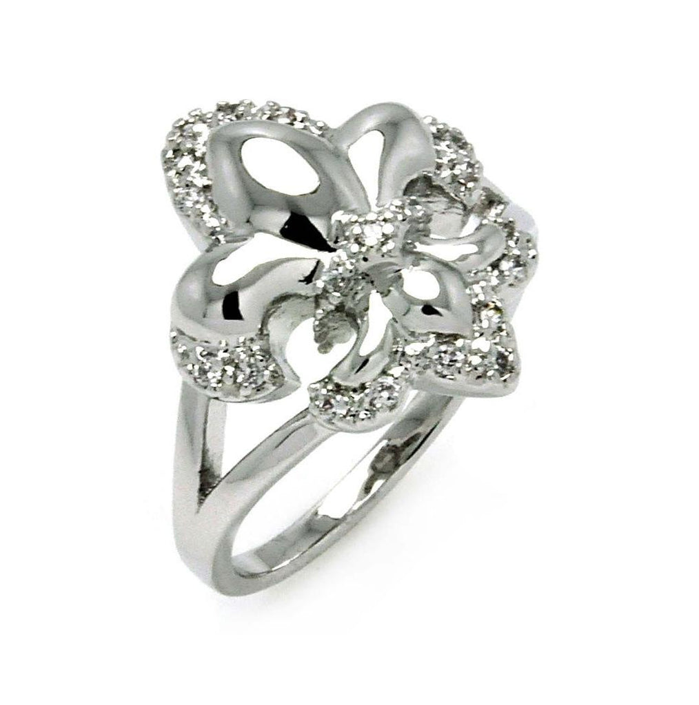 Rhodium Plated Brass Fleur De Lis Clear Cz Ring, <b>size: 5</b>