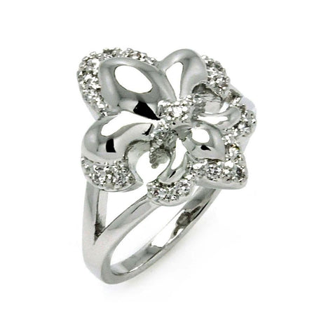 Rhodium Plated Brass Fleur De Lis Clear Cz Ring, <b>size: 5</b>