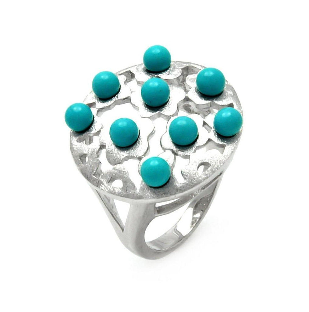 Rhodium Plated Brass Flower Disc Outline Turquoise Bead Ring, <b>size: 5</b>