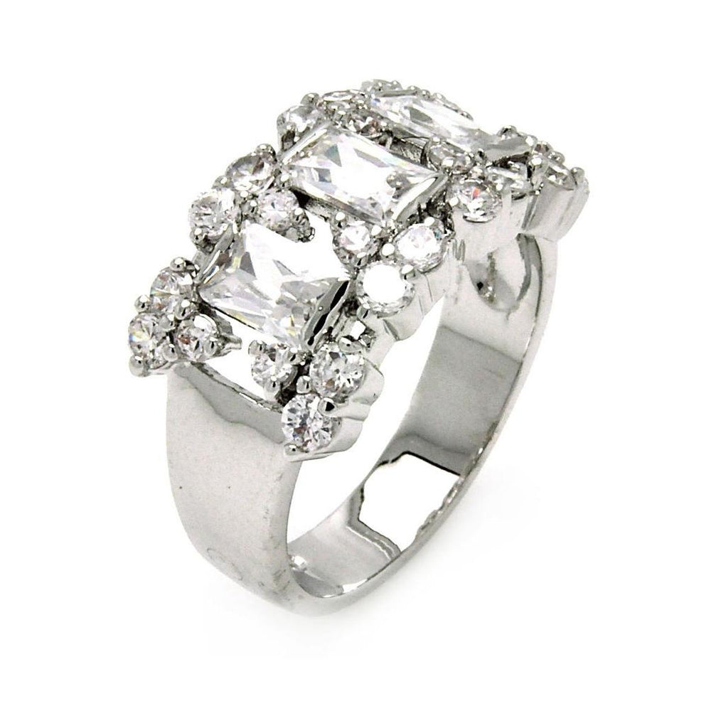 Rhodium Plated Brass Clear Rectangle & Round Cz Ring, <b>size: 5</b>