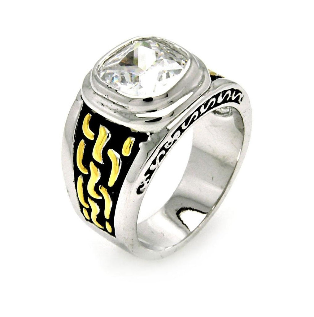 Black Rhodium & Gold Plated Brass Princess Cut Center Clear Cz Ring, <b>size: 5</b>