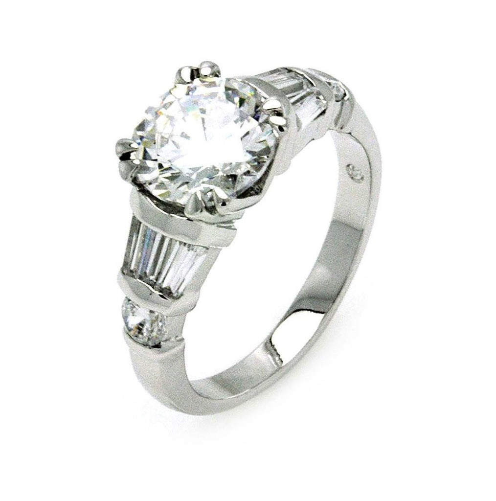 Rhodium Plated Brass Clear Round & Baguette Cz Bridal Ring, <b>size: 5</b>