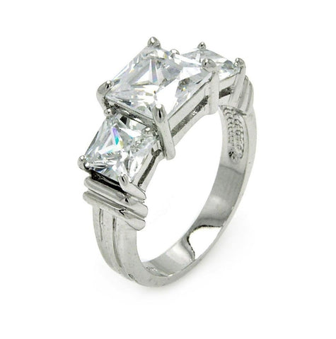 Rhodium Plated Brass Princess Cut Clear Cz Past Present Future Ring, <b>size: 5</b>