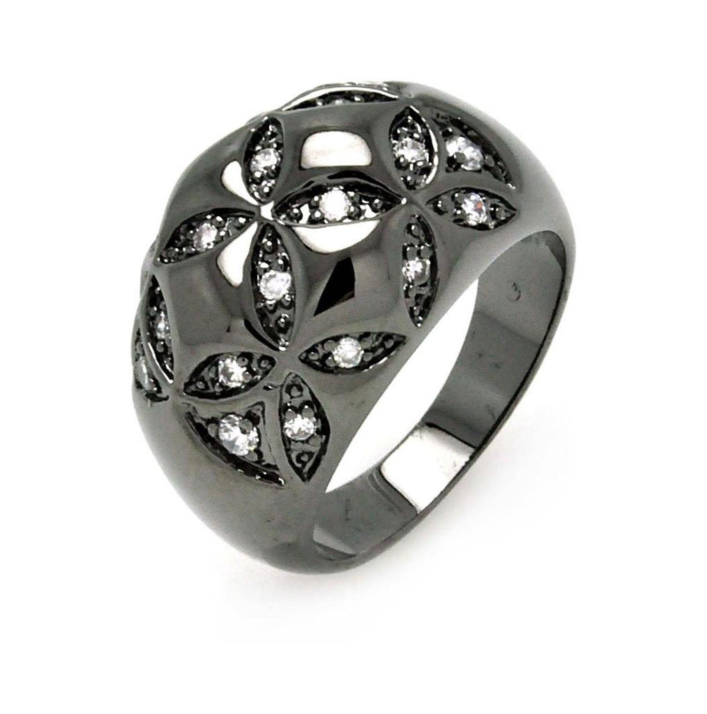 Black Rhodium Plated Brass Flower Clear Cz Dome Ring, <b>size: 5</b>