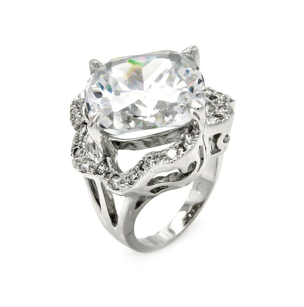 Rhodium Plated Brass Flower Clear Cz Engagememnt Ring, <b>size: 5</b>