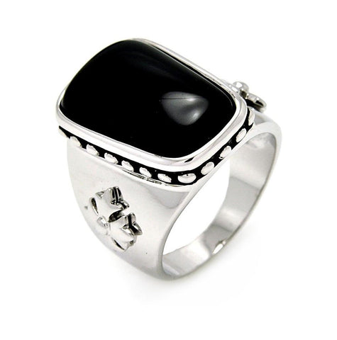 Rhodium Plated Brass Rectangular Black Onyx Cigar Band Ring, <b>size: 5</b>