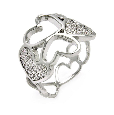 Rhodium Plated Brass Multi Open Heart Clear Cz Ring, <b>size: 5</b>