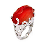 Rhodium Plated Brass Red Center Stone Coral Ring, <b>size: 5</b>