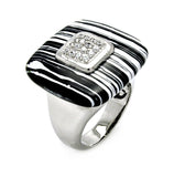 Rhodium Plated Brass Square Black & White Striated Stone Pave Set Clear Cz Ring, <b>size: 5</b>