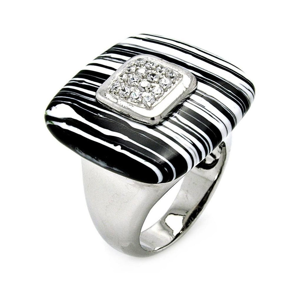 Rhodium Plated Brass Square Black & White Striated Stone Pave Set Clear Cz Ring, <b>size: 5</b>