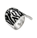 Rhodium Plated Brass Zebra Stripe Print Enamel Ring, <b>size: 5</b>