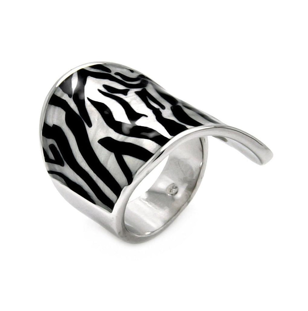 Rhodium Plated Brass Zebra Stripe Print Enamel Ring, <b>size: 5</b>