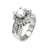 Rhodium Plated Brass Flower Round & Baguette Clear Cz Bridal Ring, <b>size: 5</b>