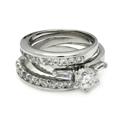 Rhodium Plated Brass Clear Round & Baguette Cz 3 Engagement Ring Set, <b>size: 5</b>