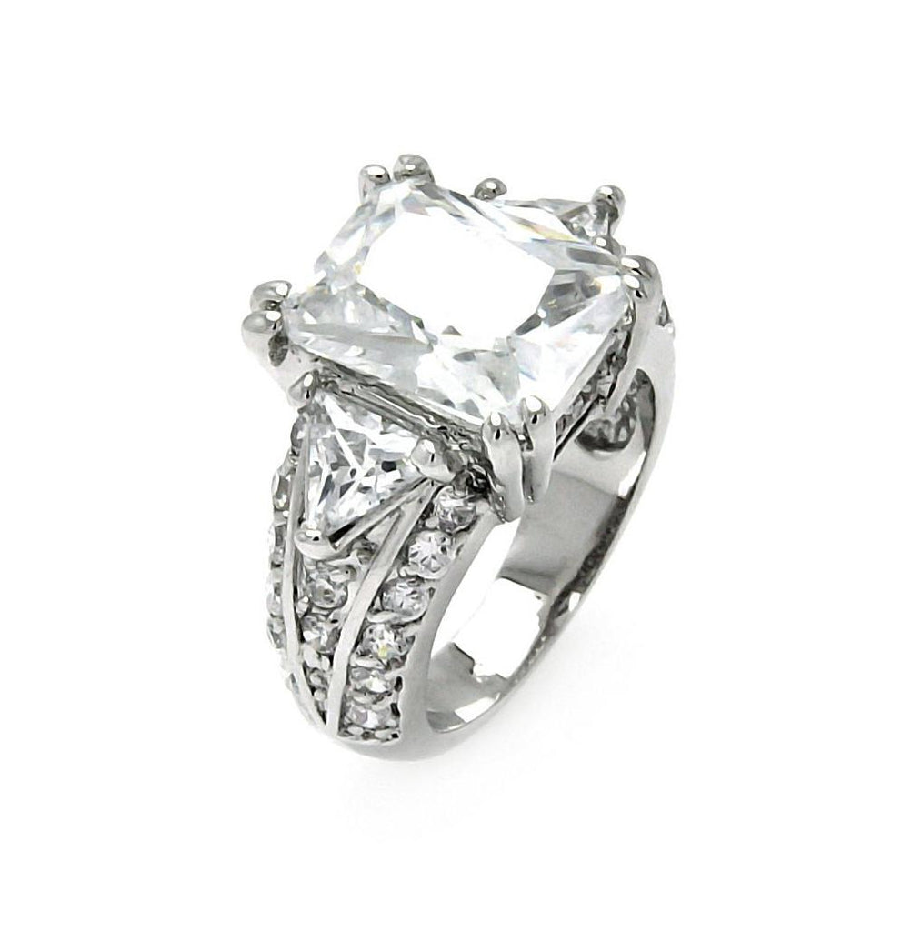 Rhodium Plated Brass Square Center Clear Triangular Sides Cz Bridal Ring, <b>size: 5</b>