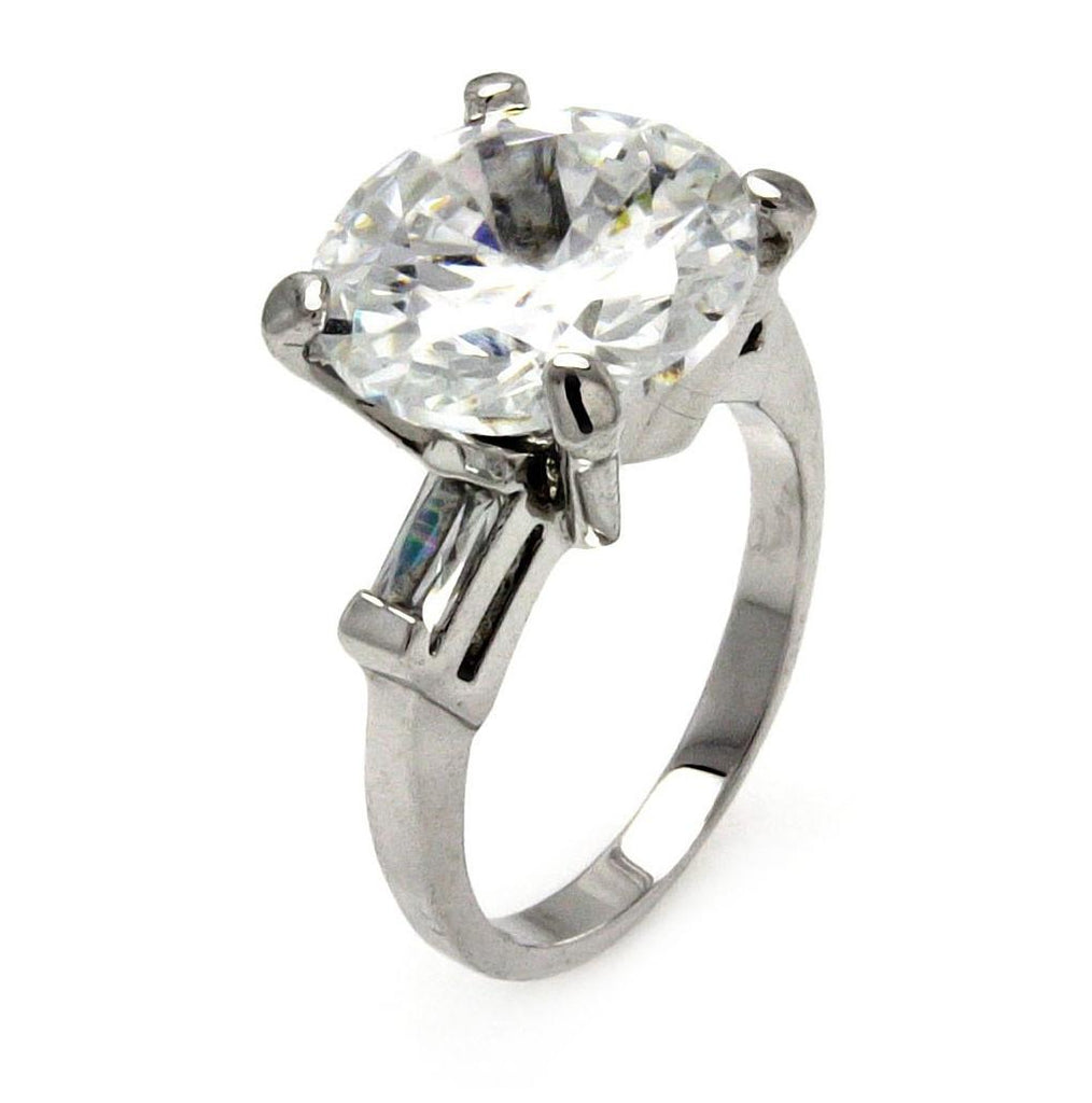 Rhodium Plated Brass Large Round Center Cz Engagement Ring, <b>size: 5</b>