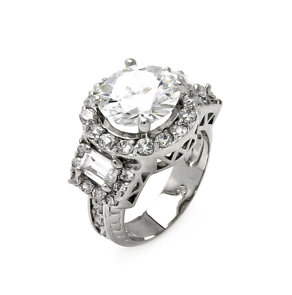 Rhodium Plated Brass Round & Baguette Clear Cluster Cz Bridal Ring, <b>size: 5</b>