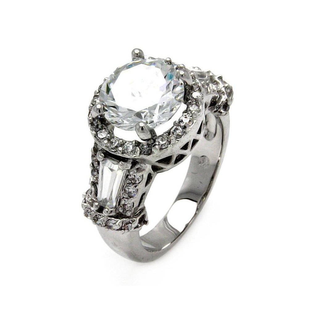 Rhodium Plated Brass Clear Round & Baguette Sides Cz Bridal Ring, <b>size: 5</b>