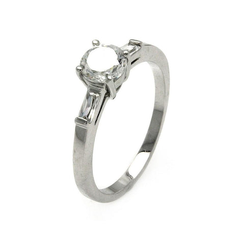 Rhodium Plated Brass Simple Clear Round & Baguette Cz Engagement Ring, <b>size: 5</b>