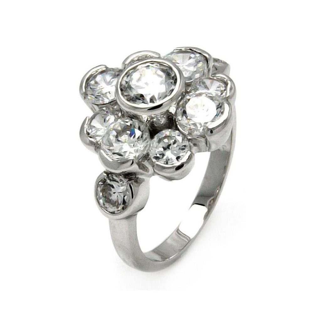 Rhodium Plated Brass Clear Cz Flower Ring, <b>size: 5</b>