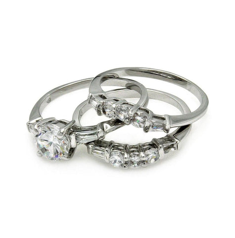 Rhodium Plated Brass Clear Round Center Baguette Sides Cz Engagement Ring Set, <b>size: 5</b>