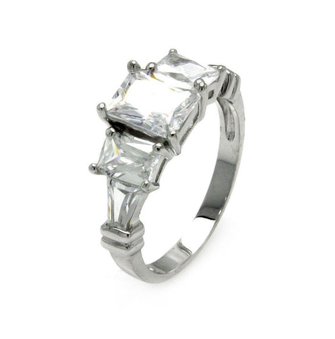 Rhodium Plated Brass Clear Rectangle & Baguette Cz Past Present Future Ring, <b>size: 5</b>