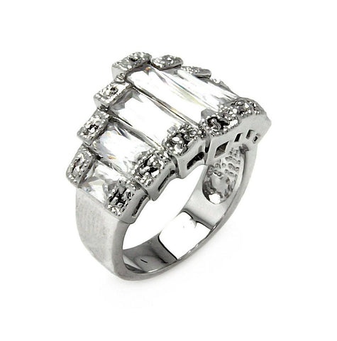 Rhodium Plated Brass Clear 7 Row Baguette Cz Ring, <b>size: 5</b>