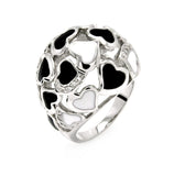 Rhodium Plated Brass Black & White Enamel Multi Heart Clear Cz Dome Ring, <b>size: 5</b>