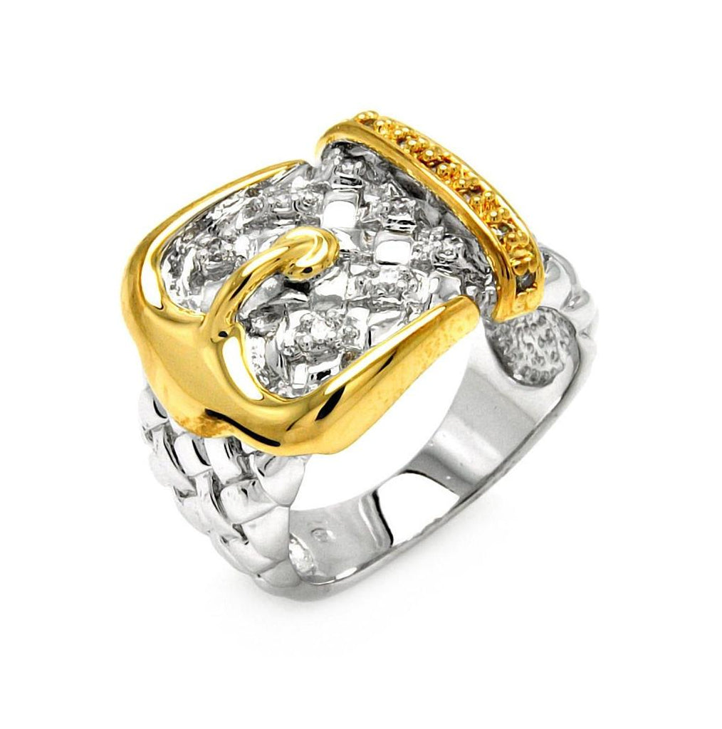 Rhodium & Gold Plated Brass Clear Cz Belt Buckle Ring, <b>size: 5</b>