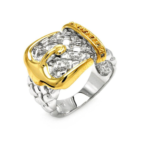 Rhodium & Gold Plated Brass Clear Cz Belt Buckle Ring, <b>size: 5</b>