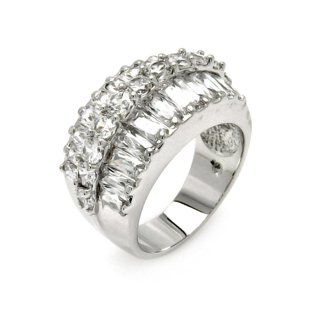 Rhodium Plated Brass Clear Baguette & Round Cz Ring, <b>size: 5</b>