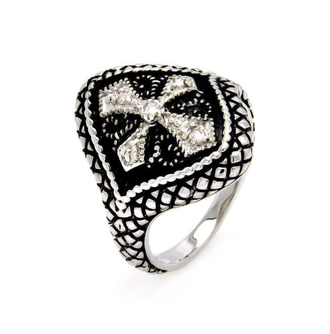 Rhodium Plated Brass Black Enamel Cross Clear Cz Cigar Band Ring, <b>size: 5</b>