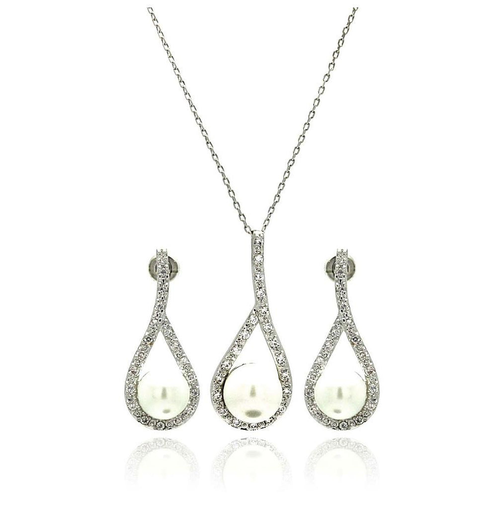 Rhodium Plated Brass Pearl Teardrop Clear Cz Hanging Stud Earring & Necklace Set