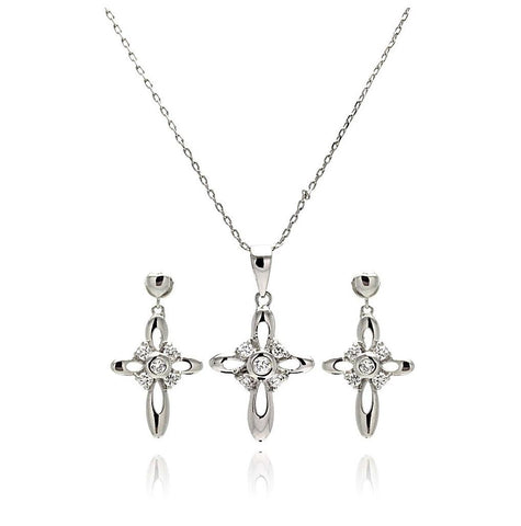 Rhodium Plated Brass Clear Cross Cz Dangling Stud Earring & Necklace Set